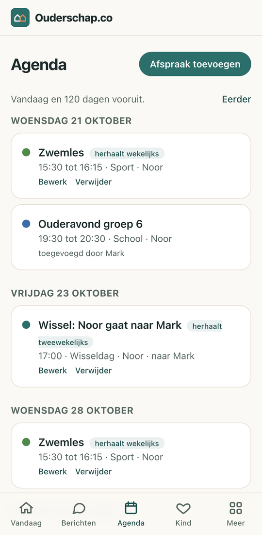 De gedeelde kalender van Ouderschap.co met wisseldagen en afspraken per kind.