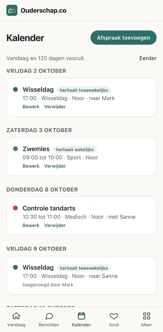 De gedeelde kalender van Ouderschap.co met wisseldagen en afspraken per kind.