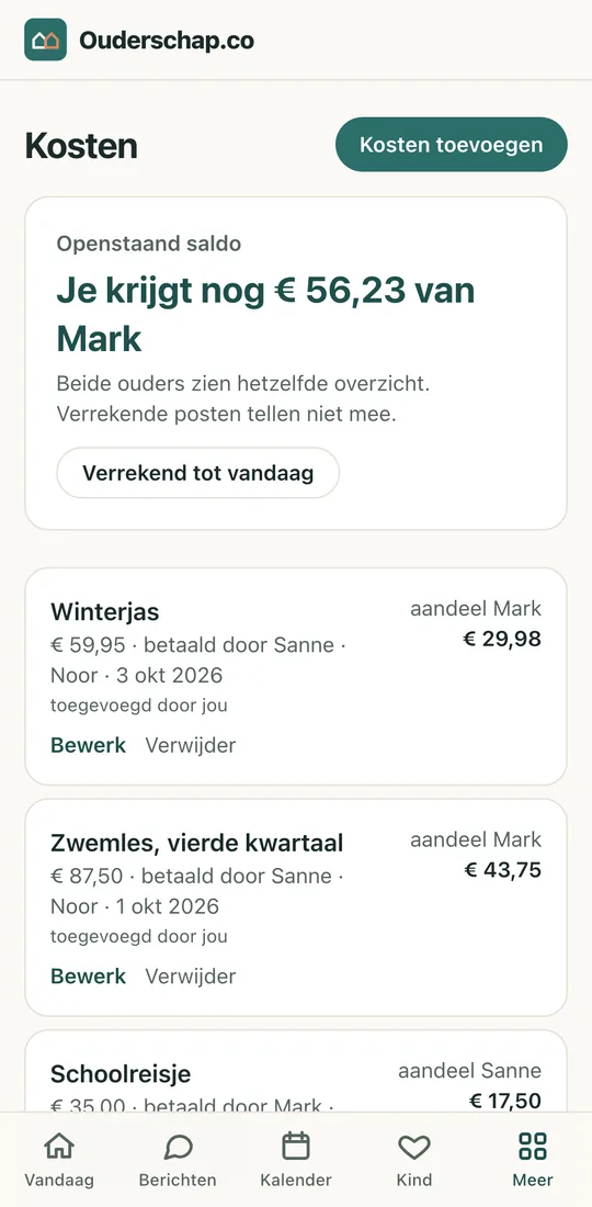 Het kostenscherm van Ouderschap.co met uitgaven, verdeling en het saldo tussen beide ouders.