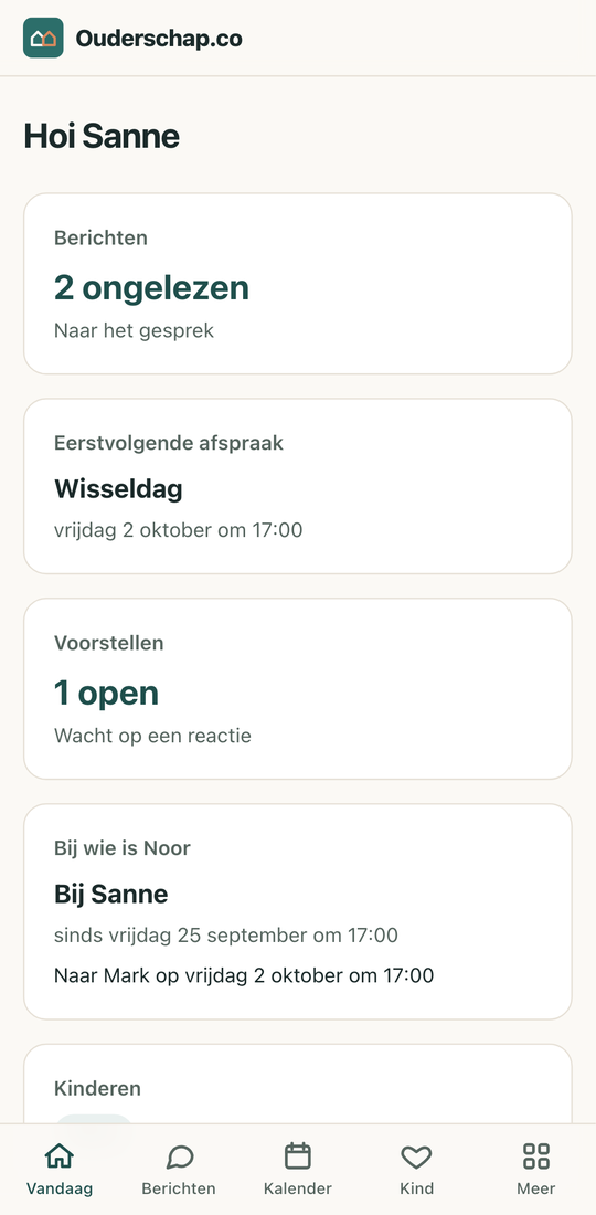 Het Vandaag-scherm van Ouderschap.co: bij wie het kind nu is, de eerstvolgende wissel, open voorstellen en of er nieuwe berichten zijn.