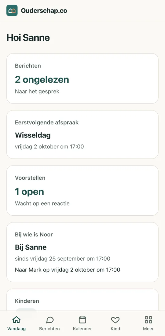 Het Vandaag-scherm van Ouderschap.co: bij wie het kind nu is, de eerstvolgende wissel, open voorstellen en of er nieuwe berichten zijn.